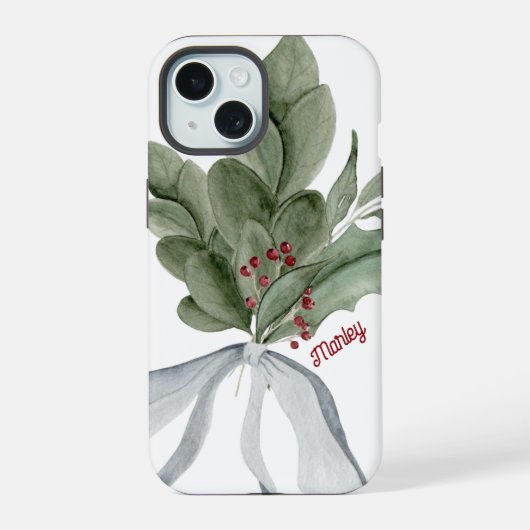 Kerstgroen Misteletoe Persoonlijk Schrift iPhone 15 Case (Achterkant)