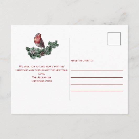 Kerstgroen, pijnbomen, rode grijze konen briefkaart (Achterkant)