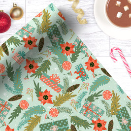 Kerstgroen Poinsettia Mint Botanisch Cadeaupapier