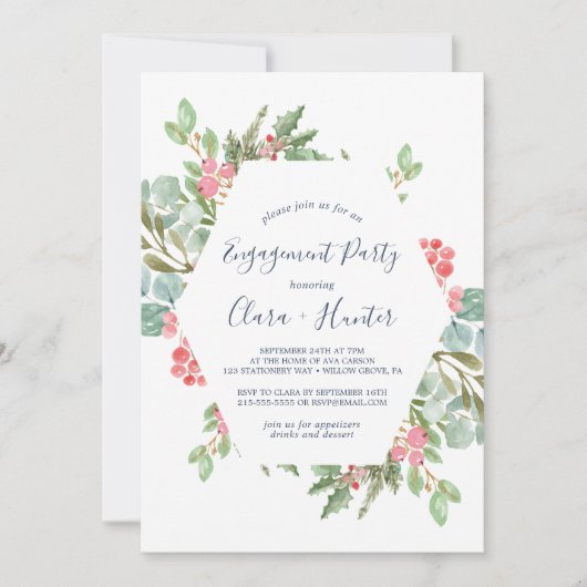 Kerstgroen & Rode Bes Verlovingsfeestje Kaart (Voorkant)