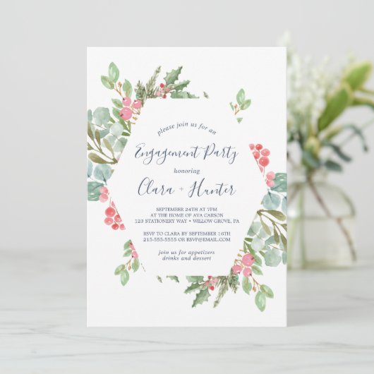 Kerstgroen & Rode Bes Verlovingsfeestje Kaart (Staand voorkant)