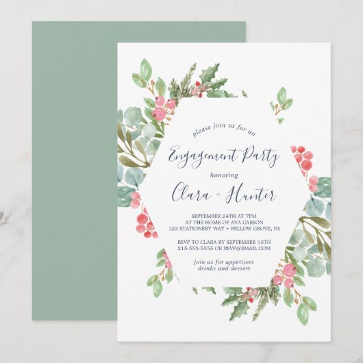 Kerstgroen & Rode Bes Verlovingsfeestje Kaart (Voorkant / Achterkant)