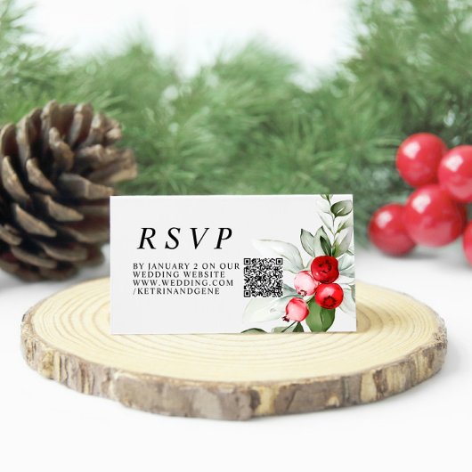 Kerstgroen & rode bessen bruiloft QR RSVP Informatiekaartje