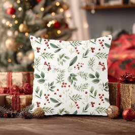 Kerstgroen & Rode Bessen Waterverf Kussen