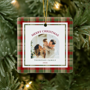 Kerstgroen Rood Beige Geruite Boogfoto Keramisch Ornament