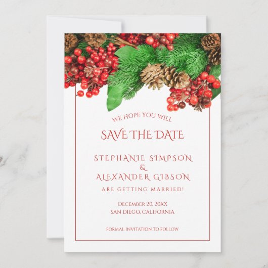Kerstgroen Rood Berries Holiday Weddenschap Save The Date (Voorkant)