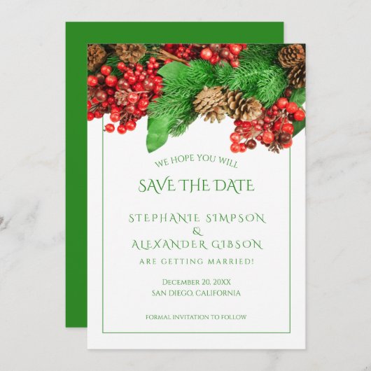 Kerstgroen Rood Berries Holiday Weddenschap Save The Date (Voorkant / Achterkant)