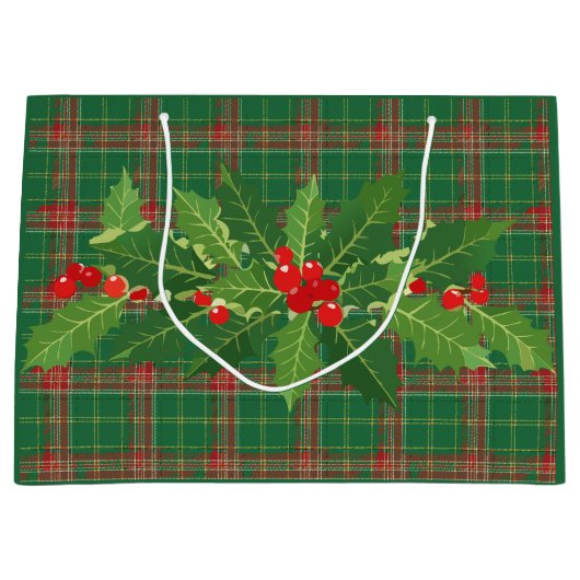 Kerstgroen rood geruit met krans groot cadeauzakje (Voorkant)