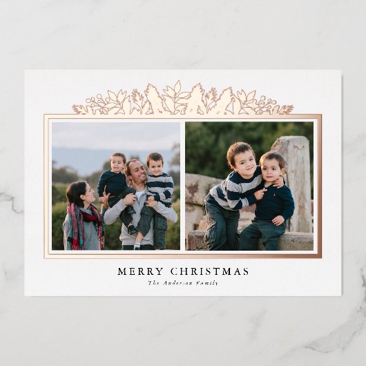 Kerstgroen Roze Goud Folie 2 Foto Kerstmis Folie Feestdagenkaart (Voorkant)