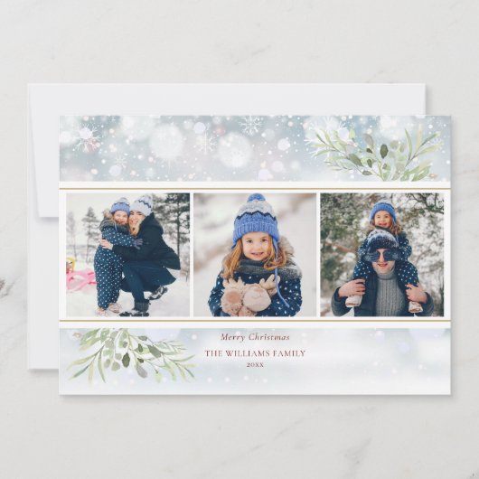Kerstgroen Sneeuwvlokken Fotocollage Feestdagenkaart (Voorkant)