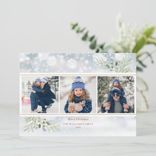 Kerstgroen Sneeuwvlokken Fotocollage Feestdagenkaart (Staand voorkant)