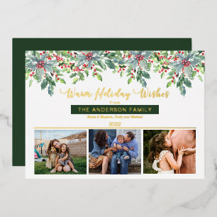 Kerstgroen Warm Holiday wil 3 Foto Folie Feestdagenkaart