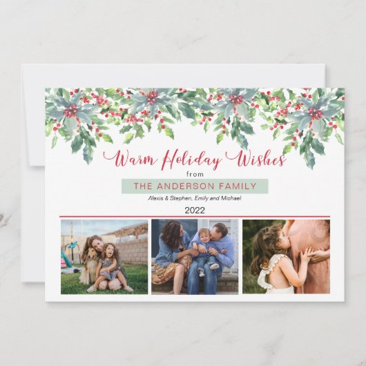 Kerstgroen Warm kerstgroet 3 foto Feestdagenkaart (Voorkant)