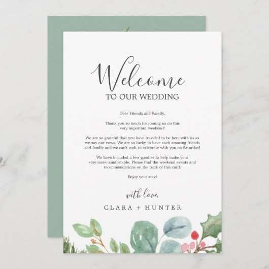 Kerstgroen Welkomstbrief en reisroute (Voorkant / Achterkant)