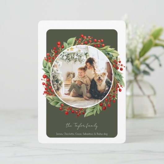 Kerstgroen winterblad met bessen Foto Feestdagenkaart (Staand voorkant)