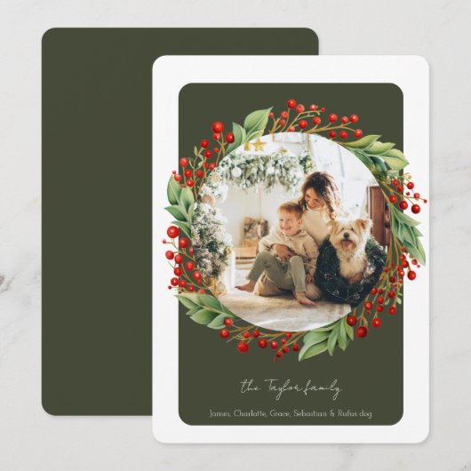 Kerstgroen winterblad met bessen Foto Feestdagenkaart (Voorkant / Achterkant)