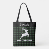 Kerstgroen & Zwart Geruit Rendier Aangepaste Naam Tote Bag (Achterkant)