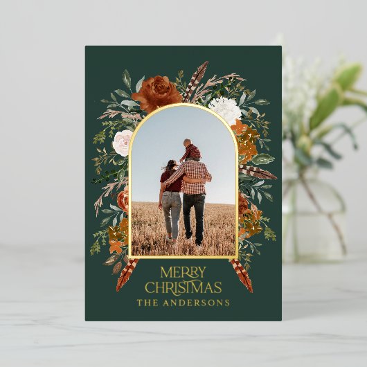 Kerstgroene bloemetjesfoto elegant rustige folie feestdagenkaart (Staand Voorkant)