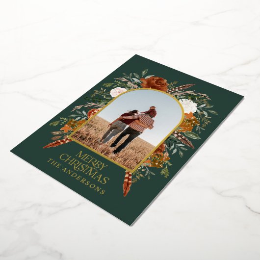 Kerstgroene bloemetjesfoto elegant rustige folie feestdagenkaart (Gedraaid)