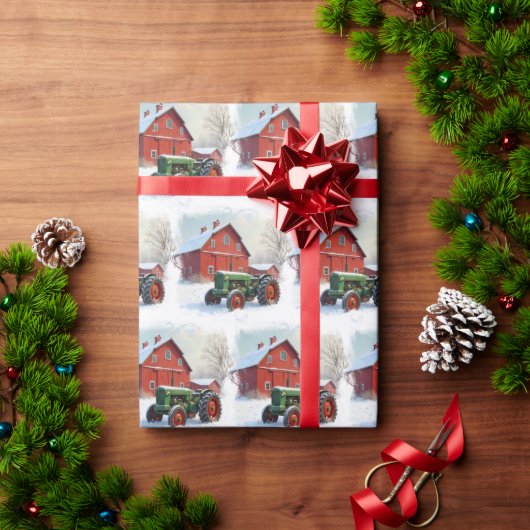 Kerstgroene boerentractor en rode schuur cadeaupapier (Feestdagen Geschenken)