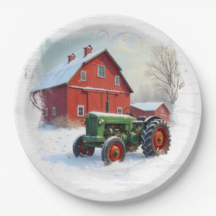 Kerstgroene boerentractor en rode schuur papieren bordje