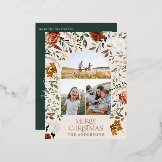 kerstgroene botanische elegante staart 3 foto folie feestdagen briefkaart (Voorkant / Achterkant)