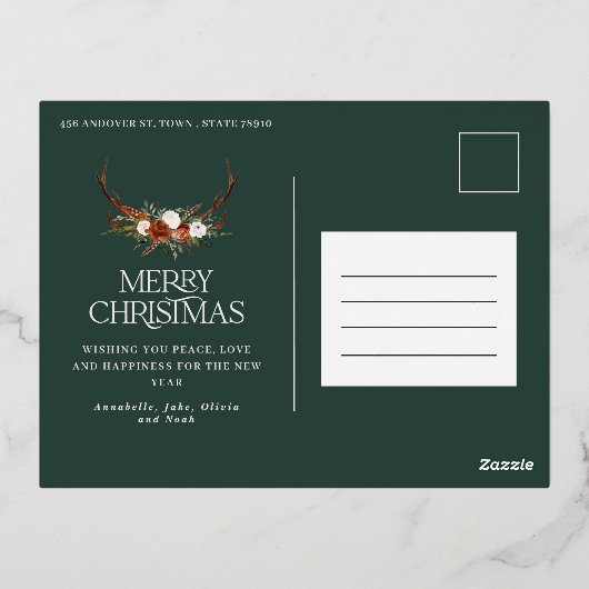 kerstgroene botanische elegante staart 3 foto folie feestdagen briefkaart (Achterkant)