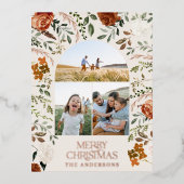 kerstgroene botanische elegante staart 3 foto folie feestdagen briefkaart (Voorkant)