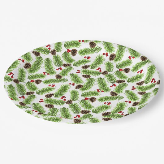 Kerstgroene dennenbladeren, kegels & rode bessen papieren bordje (Gekanteld)