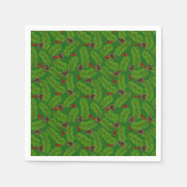 Kerstgroene dennenbladeren, kegels & rode bessen servet