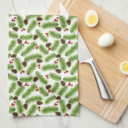 Kerstgroene dennenbladeren, kegels & rode bessen theedoek (Quarter Fold)