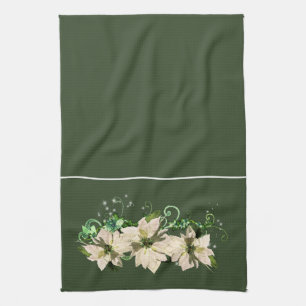 Kerstgroene en witte Poinsettia keukenhanddoek