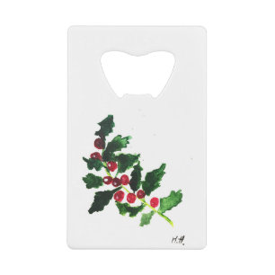 Kerstgroene feestelijke waterverf Holly Creditkaart Flessenopener