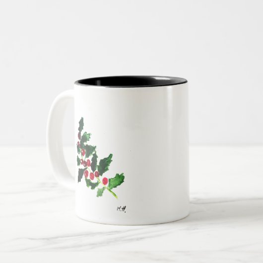 Kerstgroene feestelijke waterverf  Holly Tweekleurige Koffiemok (Voorkant links)