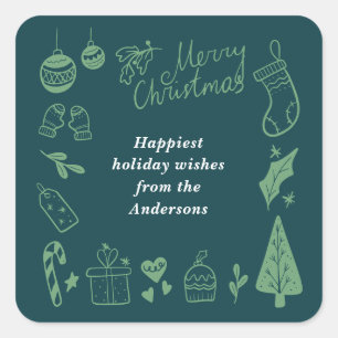 Kerstgroene Leuke Festieve Handgetekende Doodles Vierkante Sticker