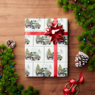 Kerstgroene Retro Truck Met Boom Cadeaupapier