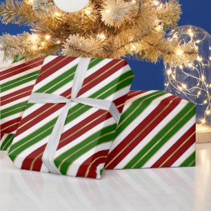 Kerstgroene, rode en gouden folie kerststrepen cadeaupapier