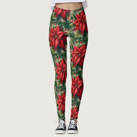 Kerstgroene Rode Poinsettia Bloem Leggings (Voorkant)