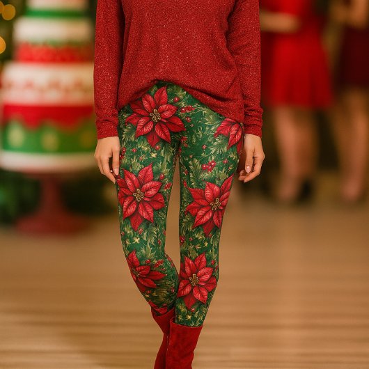 Kerstgroene rode poinsettia bloemleggings leggings
