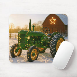 Kerstgroene tractor met gloeiende lichten muismat