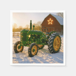 Kerstgroene tractor met gloeiende lichten servet