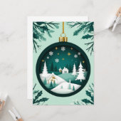 Kerstgroene versiering Winterdorp Sneeuwvlok Kaart (Voorkant / Achterkant in situ)