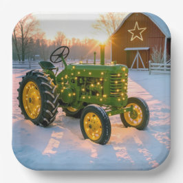 Kerstgroene vintage tractor met rode schuur papieren bordje