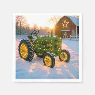 Kerstgroene vintage tractor met rode schuur servet