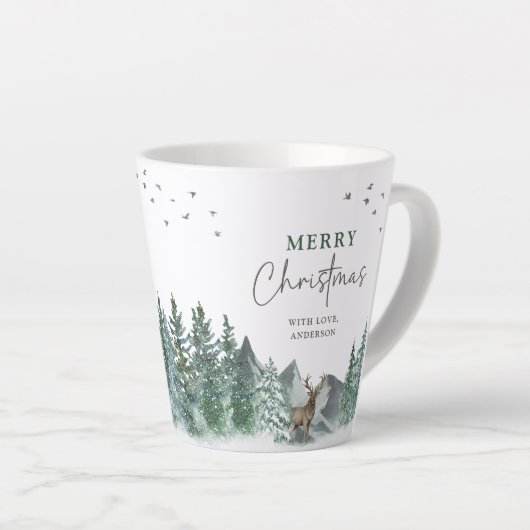Kerstgroene Waterverf Pine Forest Holiday Latte Mok (Rechterhoek)