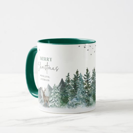 Kerstgroene Waterverf Pine Forest Holiday Mok (Voorkant links)