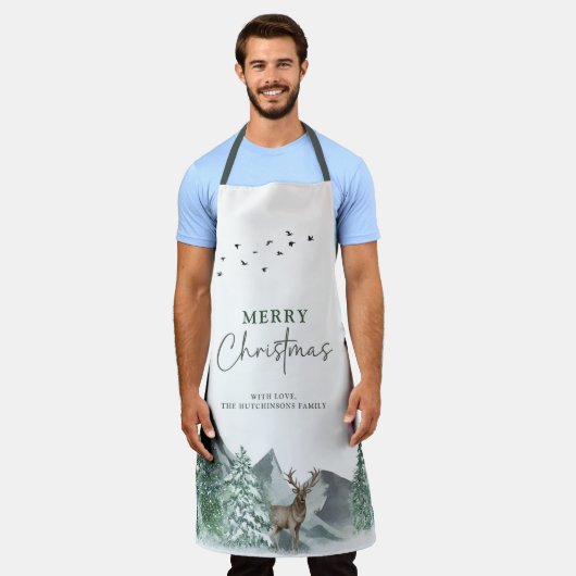 Kerstgroene Waterverf Pine Forest Holiday Schort (Gedragen)