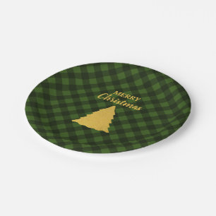 Kerstgroene & Zwarte Buffalo geruite Kerstboom Papieren Bordje