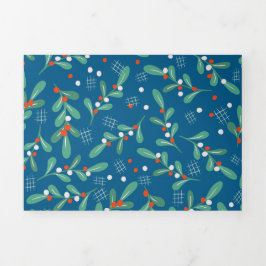 Kerstgroenen met Holly Berries Blue White Drieluik Wenskaart