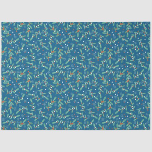 Kerstgroenen met Holly Berries Blue White Tissuepapier (Voorkant)